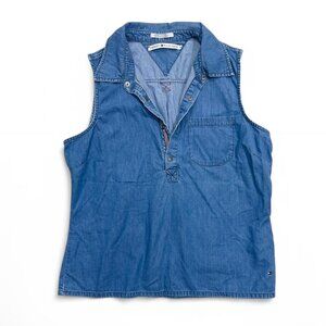 Tommy Hilfiger Women’s Soft Denim Snap Button V-Neck Tank Top Collared‎ Size 14